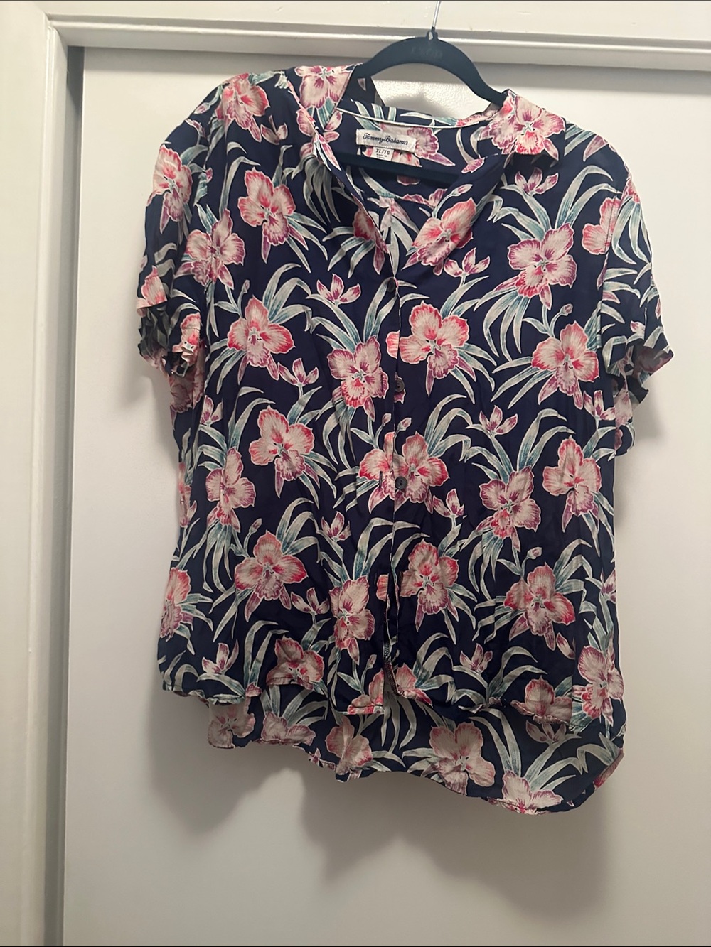 Tommy Bahama Navy Short-Sleeve Floral Button-Front Top with Pink Blooms